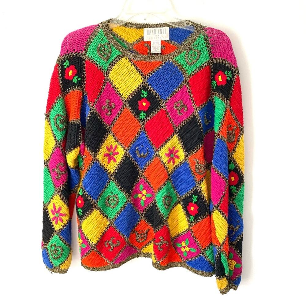Vintage Hand Knit Limited Embroidery Crochet Patchwork Gold Metallic Sweater M/L